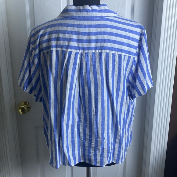Ava Viv Blue White Vertical Striped Shirt V-Neck  Short Sleeve Tie Waist NWOT - Picture 7 of 8